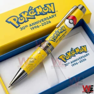 Pokemon anniversary collector pen placed in a yellow presentation box with themed artwork!