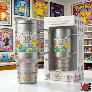 Pokemon anniversary tumbler displayed next to its commemorative box!