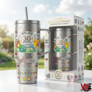 Pokemon anniversary tumbler with box displayed in an outdoor setting!