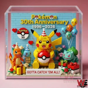 Pokemon themed brick display with Pikachu holding a Pokeball surrounded by classic characters gifts and anniversary decorations inside a clear display case!