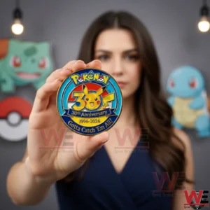Person holding a Pokemon 30th anniversary challenge coin close to the camera!