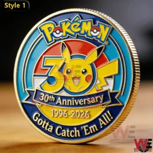 Close up of a Pokemon 30th anniversary challenge coin with Pikachu design!