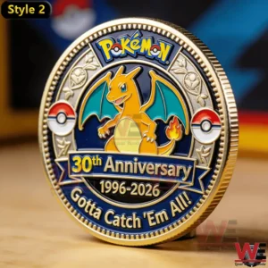 Pokemon 30th anniversary challenge coin with Charizard artwork on display!