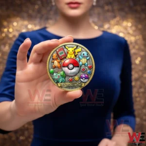 A woman holding a Pokemon thirtieth anniversary commemorative coin centered in the frame with colorful character details visible!