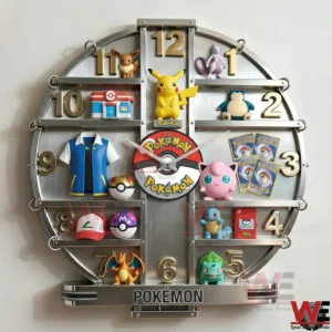 Silver Pokemon themed wall clock with gold numbers and 3D compartments holding Pikachu and other characters plus Pokeballs cards and accessories!