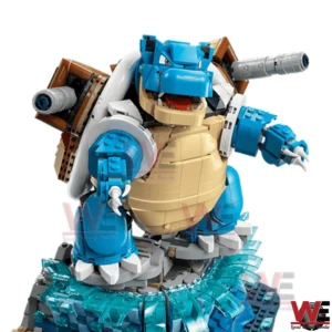 A blue turtle building block figure with shoulder cannons and a textured wave base displayed on a white background!