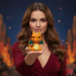 Woman holding a small orange fire dragon vinyl figure with wings and flame tail!