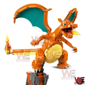 Orange Charizard inspired building block figure with green wings fire breath flaming tail and detailed pose displayed on a white background!