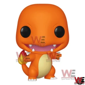 A small orange fire creature collectible figure with a rounded head bright eyes and a flame tail posed facing forward!