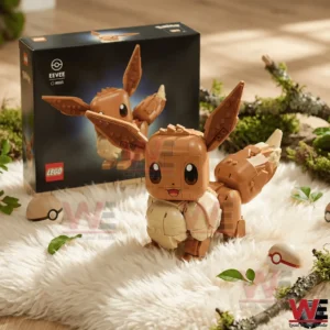 A brown creature building block figure with large ears and a fluffy tail displayed in front of its themed box on a soft surface!