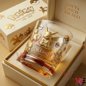 Pokemon thirtieth anniversary whiskey glass resting inside a luxury gift box with classic characters and celebratory artwork!