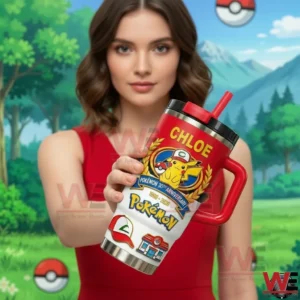 Woman holding a personalized Pokemon themed tumbler!