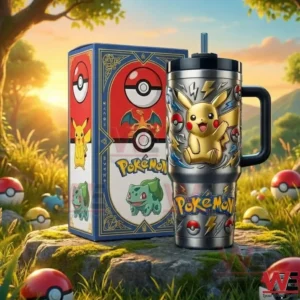 Pokemon tumbler with handle and straw featuring Pikachu lightning and Pokeball graphics next to a matching gift box in a bright outdoor scene with sunlight grass and scattered Pokeballs!