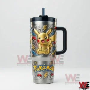 Front view of a Pokemon insulated tumbler with handle straw metallic silver finish Pikachu illustration lightning bolts Pokeball accents and bold Pokemon lettering on a white background!
