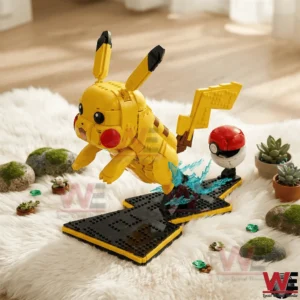 Pikachu inspired building block figure in a jumping pose on a black base with electric effects and a decorative indoor setting!