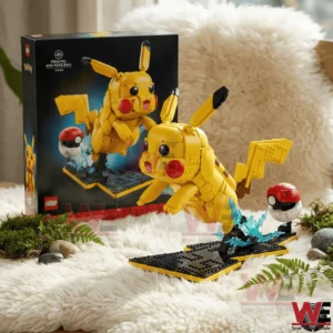 Pokemon Pikachu FIGURE BUILDING BLOCKS Set 8 Pikachu inspired building block figure on a display base shown next to its themed box in a cozy setting!