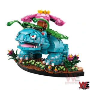 A blue green creature building block figure with a large pink flower on its back displayed on a decorative base against a white background!