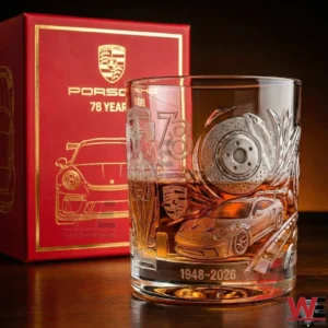 Porsche anniversary whiskey glass with engraved sports car design and mechanical details displayed with a red presentation box!