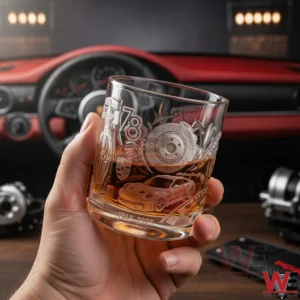 Porsche 78th Anniversary 1948-2026 Whiskey Glass 3 Hand holding a Porsche anniversary whiskey glass with engraved sports car and automotive design inside a luxury car interior!