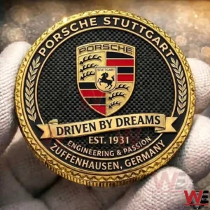 Porsche commemorative coin with crest and driven by dreams design!