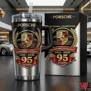 Porsche insulated tumbler displayed next to its anniversary presentation box in a showroom!