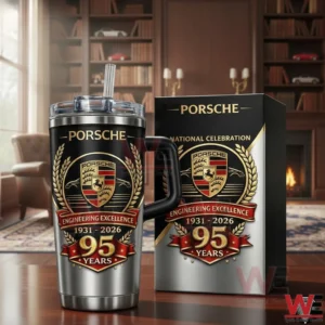 Porsche insulated tumbler and presentation box displayed in an elegant interior room!