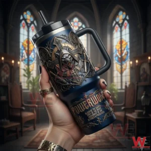 Hand holding a Powerwolf themed insulated tumbler with an armored wolf design inside a gothic cathedral!