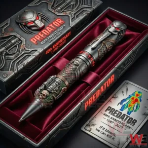 Predator forty th anniversary collectible pen displayed in a presentation box with sci fi mechanical details and bold red highlights!