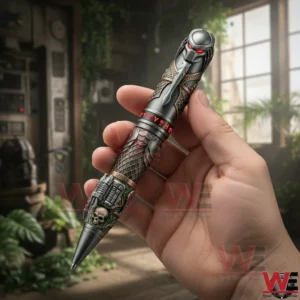 Predator 40th Anniversary 1987-2027 Pen 3 Hand holding a Predator forty th anniversary pen with detailed alien inspired design metallic textures and red accent symbols!