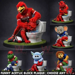 A cartoon style red bird mascot holding a rival character over a toilet with dynamic motion and expressive faces!