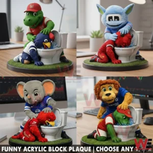 A collection of mascot figurines featuring animals and characters posed in comedic toilet themed scenes!