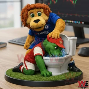 A detailed mascot figurine showing a red bird character dominating a rival near a toilet on a tabletop!