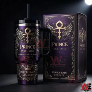 Purple and gold Prince tribute insulated tumbler with handle and straw beside a matching memorial gift box on a dark background!