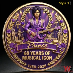 Purple and gold commemorative coin with Prince holding a guitar surrounded by musical symbols flowers and a laurel wreath design!