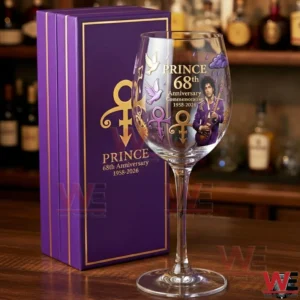 Purple boxed commemorative wine glass with ornate gold design placed on a wooden bar counter!