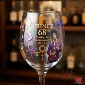 Prince 68th Anniversary Commemorative Wine Glass 4 Close up of an anniversary themed wine glass with purple gold artwork and musical inspired design!