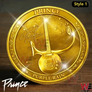 A golden commemorative coin featuring a guitar and musical symbols!