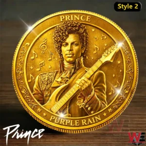 A golden commemorative coin showing a musician portrait holding a guitar!