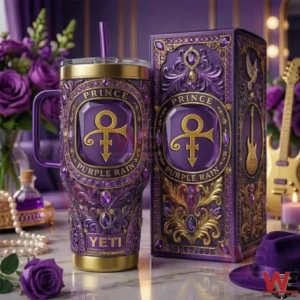 Purple insulated tumbler with royal gold details displayed with matching decorative box on a luxurious purple themed background!