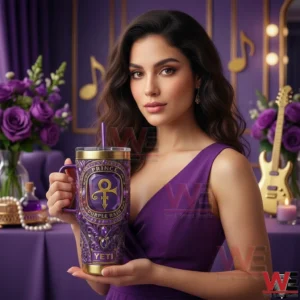 Woman in elegant purple attire holding a decorative purple tumbler in a luxurious music inspired room with guitars and flowers!