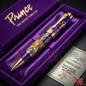 A Prince Themed Purple And Gold Pen Shown In A Gift Box With The Artist Forever Branding And Purple Rain Collectible Plate!
