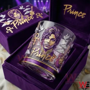 Decorative glass with purple artwork placed inside a purple velvet box with coordinated design elements!