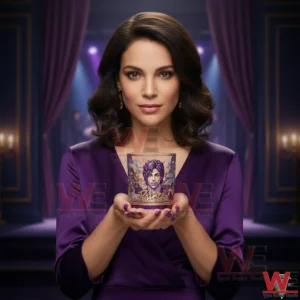 Woman wearing a purple dress holding a decorative glass while standing on a softly lit stage with purple curtains!