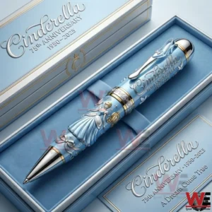 Cinderella anniversary pen in a light blue presentation box with silver gold accents and 75th anniversary text marked 1950 2025.