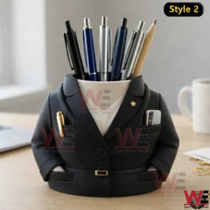 Suit jacket shaped desk pen holder filled with pens and a pencil featuring pockets and a star pin on an office desk!