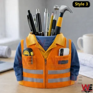 Construction outfit shaped desk pen holder with orange reflective vest holding pens pencil and a small hammer on a desk!