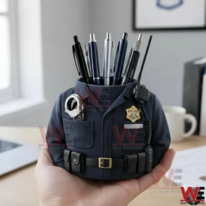Hand holding a police uniform desk pen holder filled with pens featuring a badge handcuffs and radio on an office desk background!