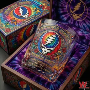 Psychedelic Journey anniversary whiskey glass displayed inside a decorative box with colorful skull and bear artwork!