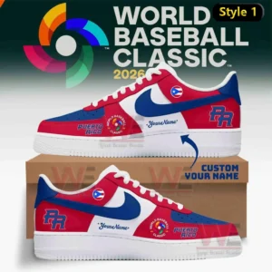 Red white and blue Nike Air Force one sneaker with Puerto Rico text PR logo flag badge world baseball classic 2026 emblem and custom name shown on a shoebox with tournament background