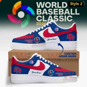 Blue white and red Nike Air Force one sneaker with Puerto Rico text PR logo flag badge world baseball classic 2026 emblem and custom name displayed on a shoebox with tournament background